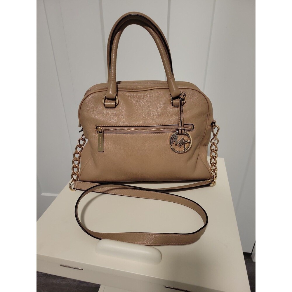 Michael Kors Knox Medium Beige Pebbled Leather Satchel Crossbody Handbag